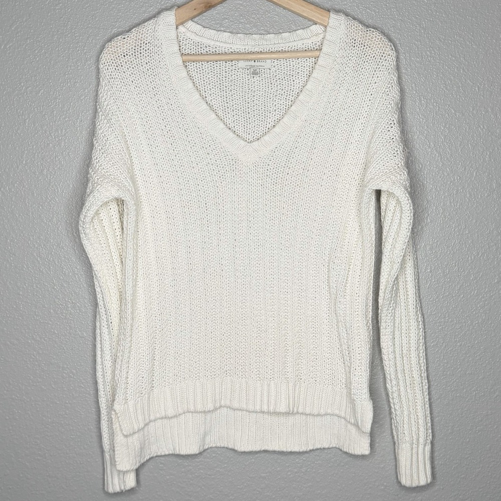 Lucky Brand Cream V Neck Sweater Womens S Textured Knit Cotton Blend Boho